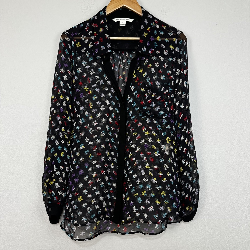Diane von Furstenberg Shirt Women's 14 Blackโ Sheer Silk Lorelei Two Floral Top